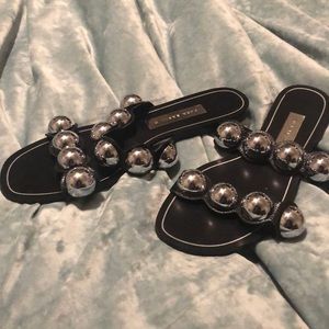 Double Strap Black / Silver Flat Slide Sandals